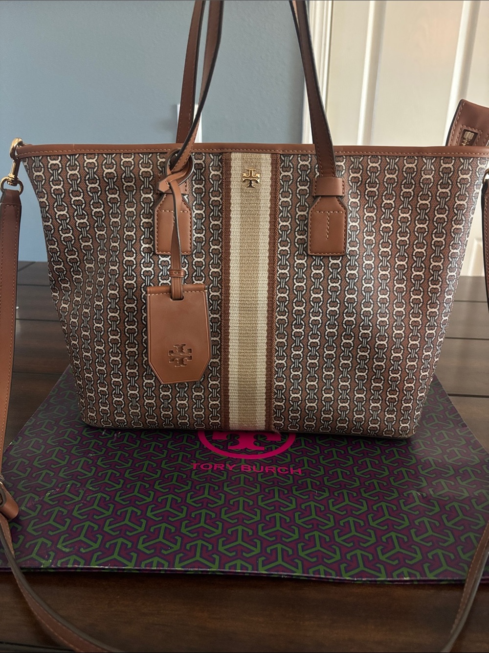 Tory Burch Brown Logo-Print Stripe Tote